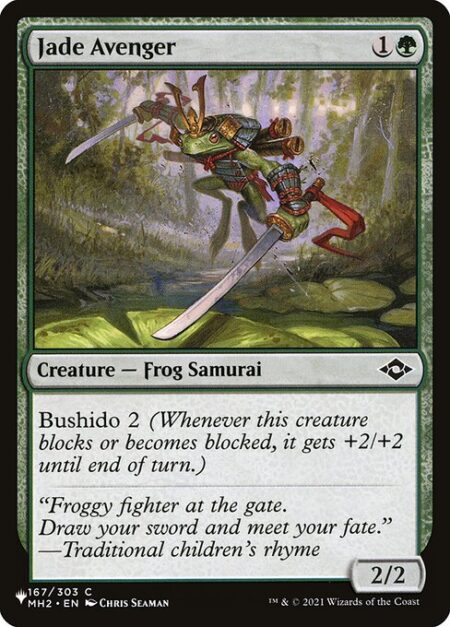 Jade Avenger - Bushido 2 (Whenever this creature blocks or becomes blocked