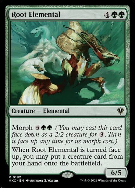 Root Elemental - Morph {5}{G}{G} (You may cast this card face down as a 2/2 creature for {3}. Turn it face up any time for its morph cost.)