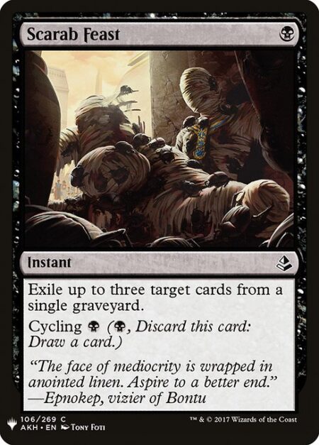 Scarab Feast - Exile up to three target cards from a single graveyard.