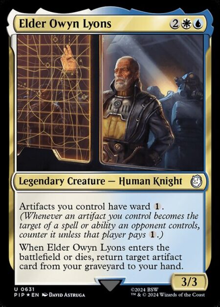 Elder Owyn Lyons - Artifacts you control have ward {1}. (Whenever an artifact you control becomes the target of a spell or ability an opponent controls