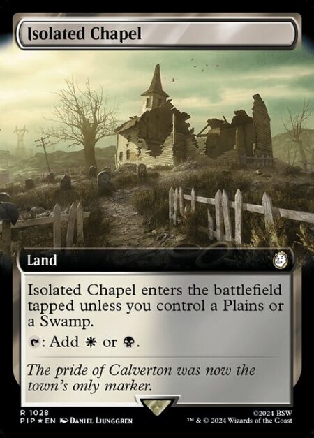 Isolated Chapel - Isolated Chapel enters the battlefield tapped unless you control a Plains or a Swamp.