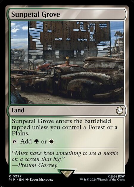 Sunpetal Grove - Sunpetal Grove enters the battlefield tapped unless you control a Forest or a Plains.