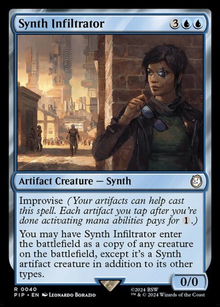 Synth Infiltrator - Improvise (Your artifacts can help cast this spell. Each artifact you tap after you're done activating mana abilities pays for {1}.)