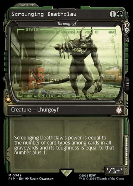 Tarmogoyf - Tarmogoyf's power is equal to the number of card types among cards in all graveyards and its toughness is equal to that number plus 1.