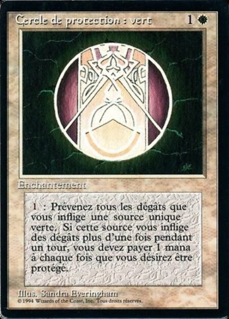 Circle of Protection: Green - {1}: The next time a green source of your choice would deal damage to you this turn