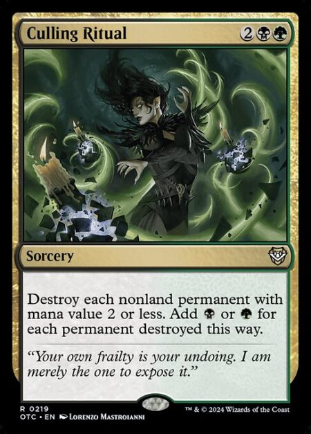 Culling Ritual - Destroy each nonland permanent with mana value 2 or less. Add {B} or {G} for each permanent destroyed this way.