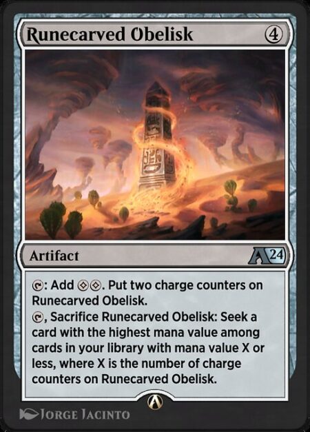 Runecarved Obelisk - {T}: Add {C}{C}. Put two charge counters on Runecarved Obelisk.