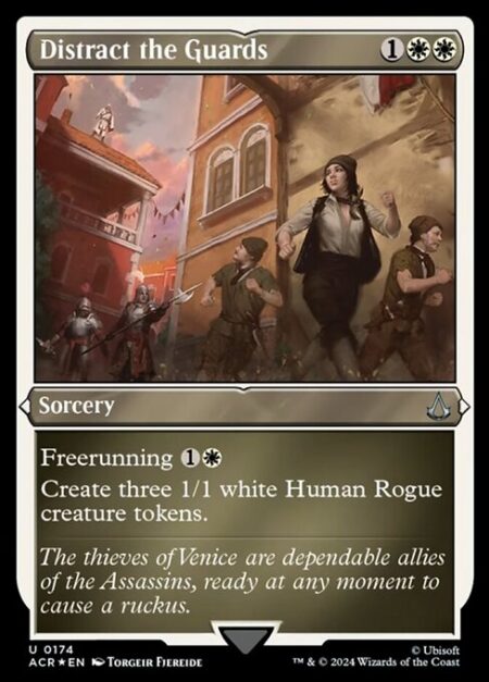 Distract the Guards - Freerunning {1}{W} (You may cast this spell for its freerunning cost if you dealt combat damage to a player this turn with an Assassin or commander.)