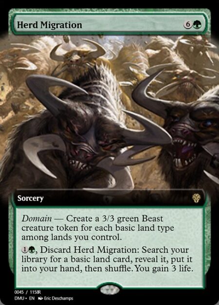 Herd Migration - Domain — Create a 3/3 green Beast creature token for each basic land type among lands you control.