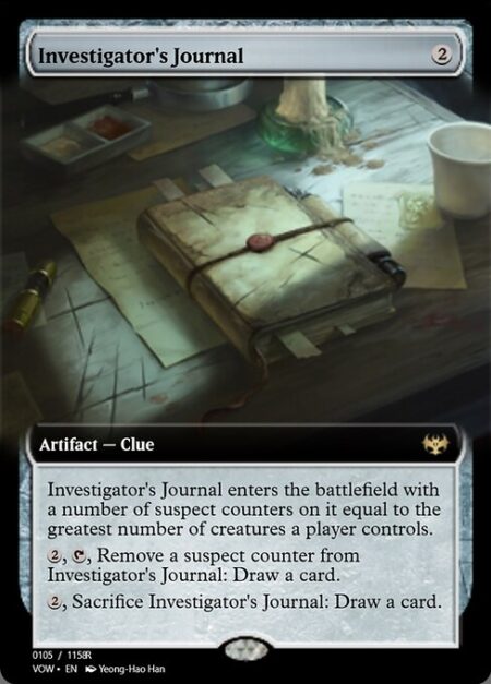 Investigator's Journal - Investigator's Journal enters the battlefield with a number of suspect counters on it equal to the greatest number of creatures a player controls.