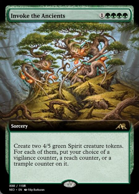 Invoke the Ancients - Create two 4/5 green Spirit creature tokens. For each of them