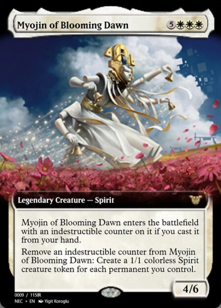 Myojin of Blooming Dawn - Myojin of Blooming Dawn enters the battlefield with an indestructible counter on it if you cast it from your hand.