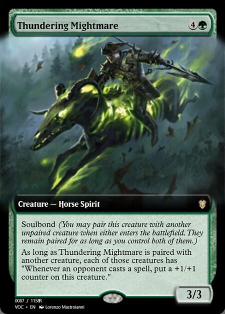 Thundering Mightmare - Soulbond (You may pair this creature with another unpaired creature when either enters the battlefield. They remain paired for as long as you control both of them.)