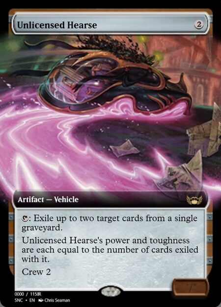 Unlicensed Hearse - {T}: Exile up to two target cards from a single graveyard.