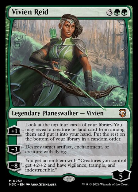 Vivien Reid - +1: Look at the top four cards of your library. You may reveal a creature or land card from among them and put it into your hand. Put the rest on the bottom of your library in a random order.