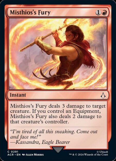 Misthios's Fury - Misthios's Fury deals 3 damage to target creature. If you control an Equipment