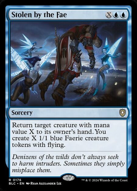 Stolen by the Fae - Return target creature with mana value X to its owner's hand. You create X 1/1 blue Faerie creature tokens with flying.