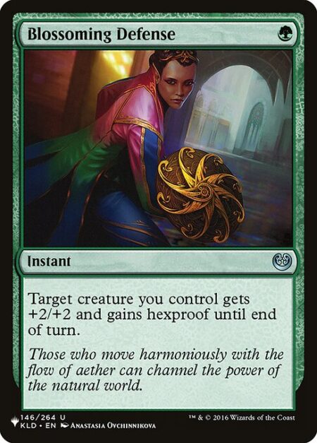 Blossoming Defense - Target creature you control gets +2/+2 and gains hexproof until end of turn.