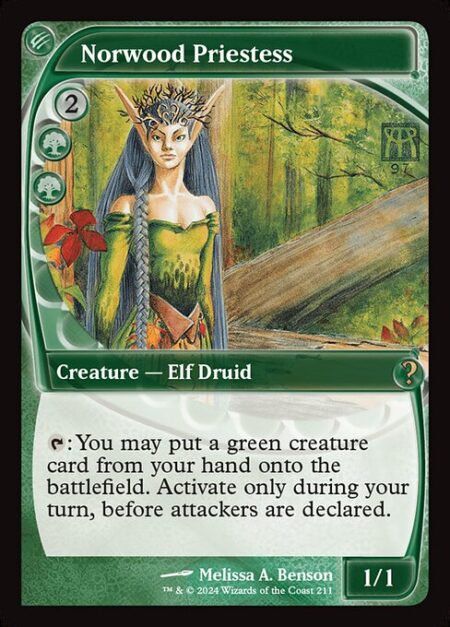 Norwood Priestess - {T}: You may put a green creature card from your hand onto the battlefield. Activate only during your turn