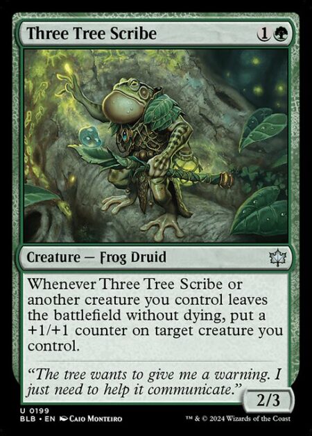 Three Tree Scribe - Whenever Three Tree Scribe or another creature you control leaves the battlefield without dying