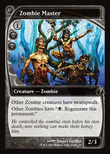 Zombie Master - Other Zombie creatures have swampwalk. (They can't be blocked as long as defending player controls a Swamp.)