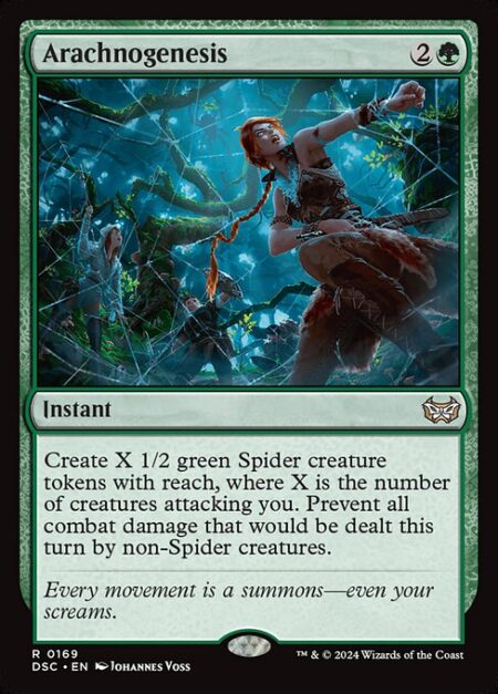 Arachnogenesis - Create X 1/2 green Spider creature tokens with reach