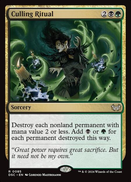 Culling Ritual - Destroy each nonland permanent with mana value 2 or less. Add {B} or {G} for each permanent destroyed this way.