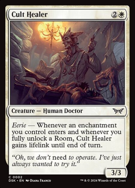 Cult Healer - Eerie — Whenever an enchantment you control enters and whenever you fully unlock a Room