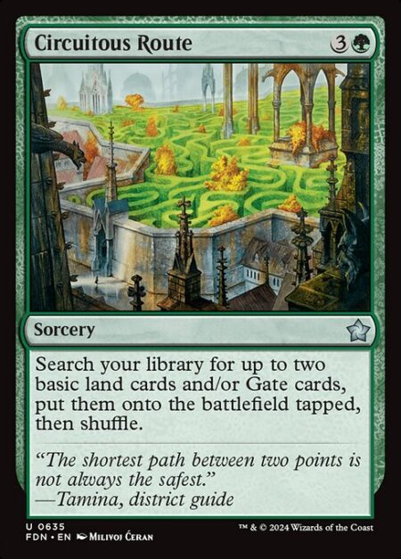 Circuitous Route - Search your library for up to two basic land cards and/or Gate cards