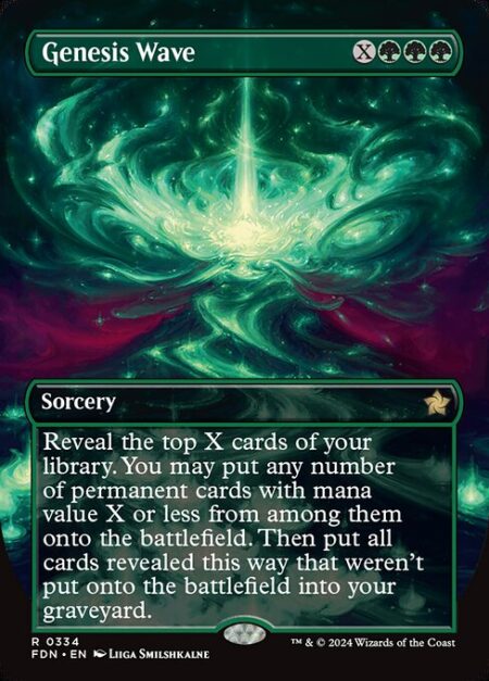 Genesis Wave - Reveal the top X cards of your library. You may put any number of permanent cards with mana value X or less from among them onto the battlefield. Then put all cards revealed this way that weren't put onto the battlefield into your graveyard.