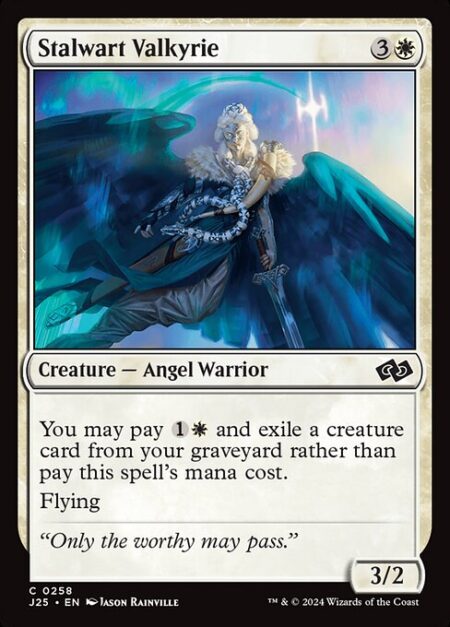 Stalwart Valkyrie - You may pay {1}{W} and exile a creature card from your graveyard rather than pay this spell's mana cost.