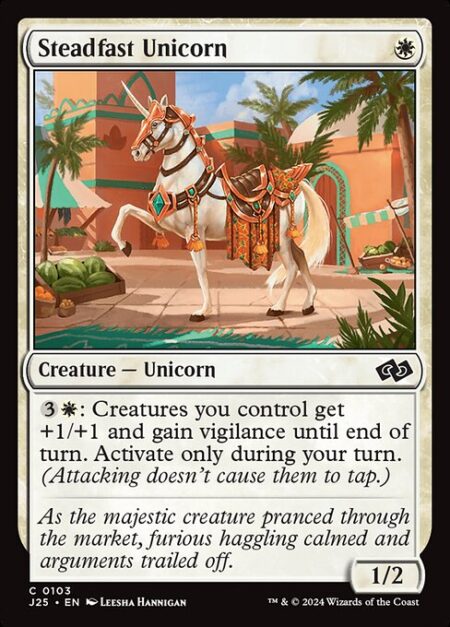 Steadfast Unicorn - {3}{W}: Creatures you control get +1/+1 and gain vigilance until end of turn. Activate only during your turn.