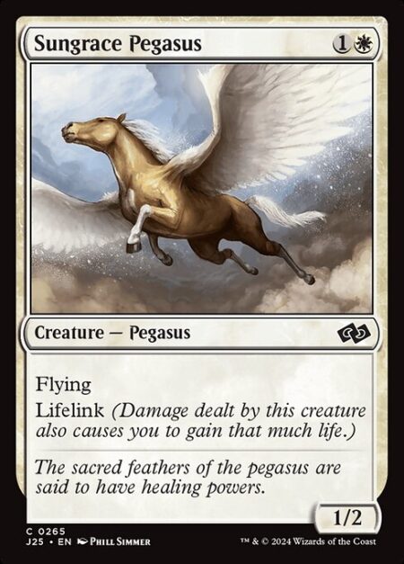 Sungrace Pegasus - Flying (This creature can't be blocked except by creatures with flying or reach.)