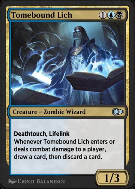 Tomebound Lich - Deathtouch (Any amount of damage this deals to a creature is enough to destroy it.)