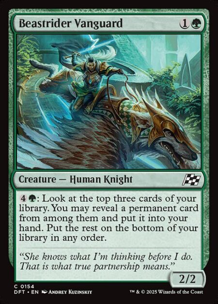 Beastrider Vanguard - {4}{G}: Look at the top three cards of your library. You may reveal a permanent card from among them and put it into your hand. Put the rest on the bottom of your library in any order.